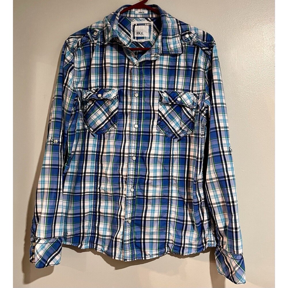 Buckle Pearl Snap Shirt L/S Blue Green Plaid Slim Fit Mens Size Large